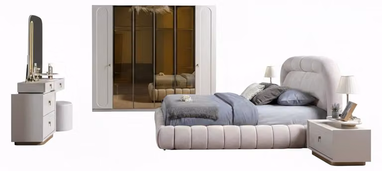 Set completo per camera da letto elegante: letto imbottito, 2 comodini, tavolino da trucco