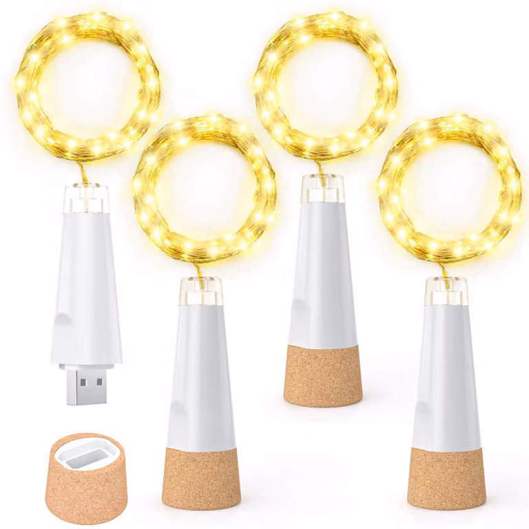 Luci a LED per bottiglie, 15 LED bianco caldo, ricaricabili tramite USB, impermeabili, confezione da 4