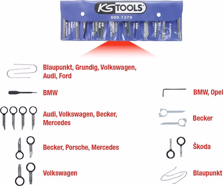 KS TOOLS Kit di rimozione e installazione del sistema di radio/navigazione 18 pezzi - 500.1370