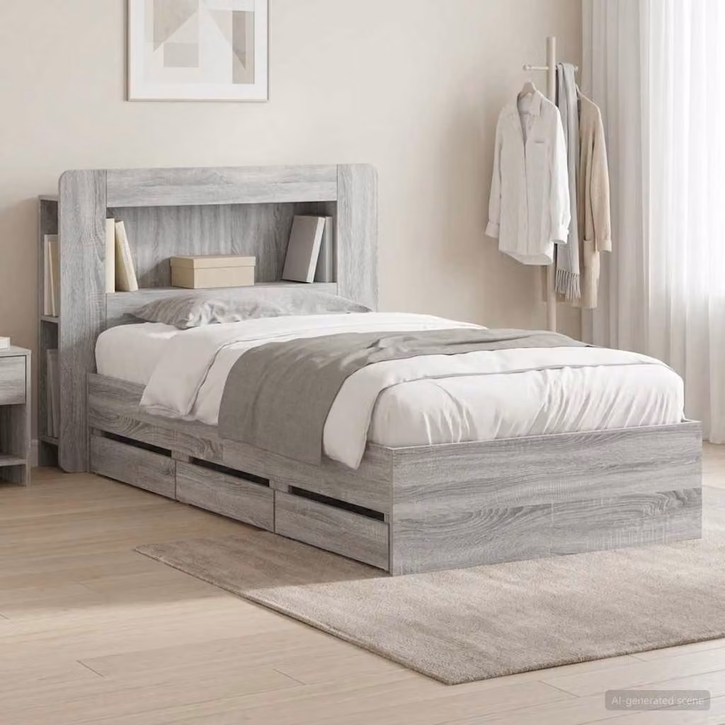 Struttura letto con contenitore e testata vidaXL in legno Sonoma grigio L/P/H: 190 x 140 x 93,5 cm