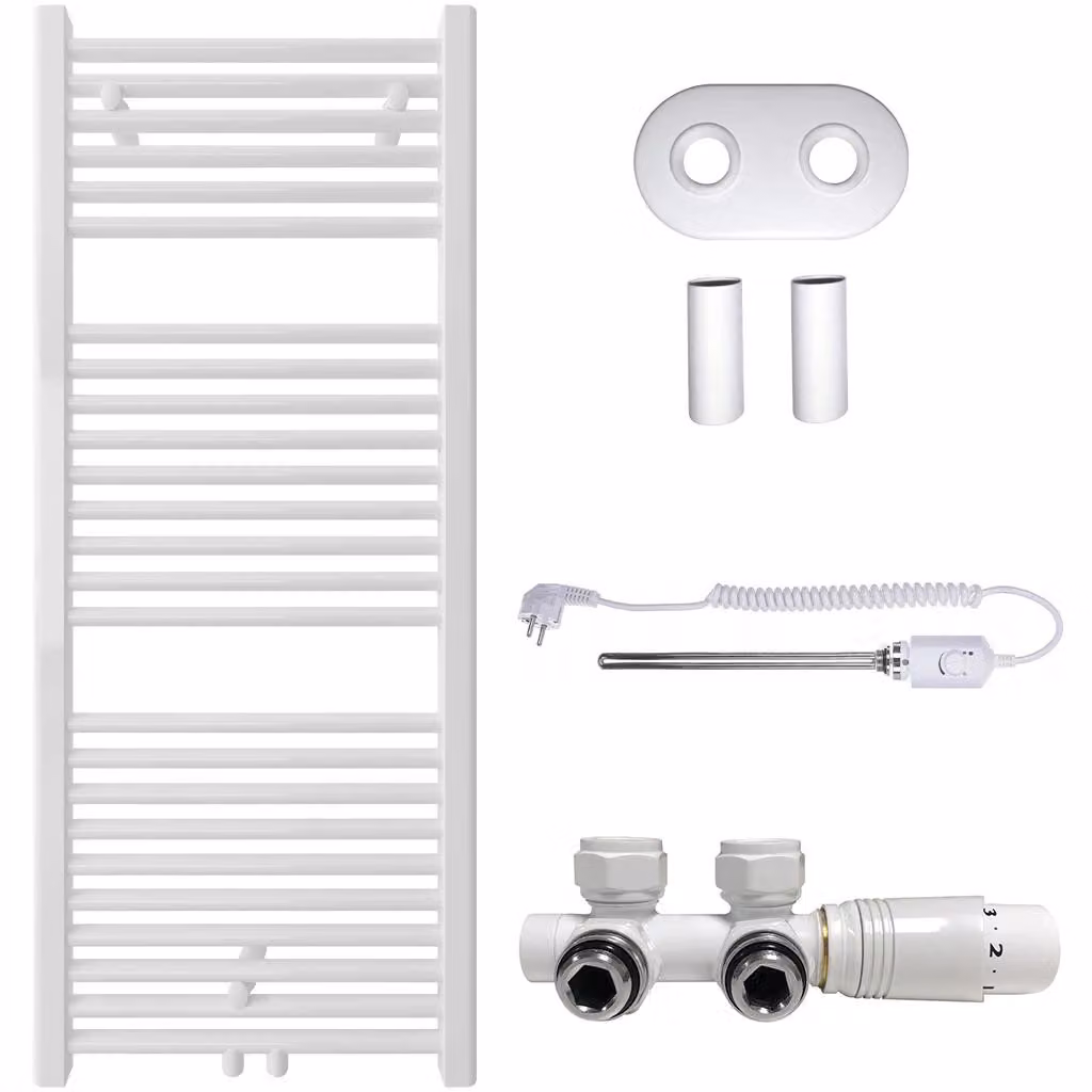 Kit radiatore per bagno Lincoln - sistema di riscaldamento combinato, barra termica - attacco centrale da 50 mm - 300W - bianco lucido - 1200x500 mm