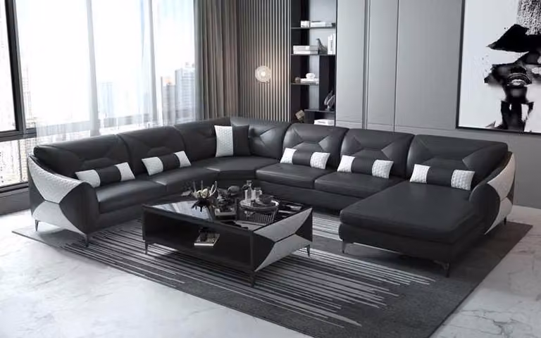 Groß Wohnlandschaft Sofa U-Form Ecksofa Ledersofa Schwarz Kunstleder