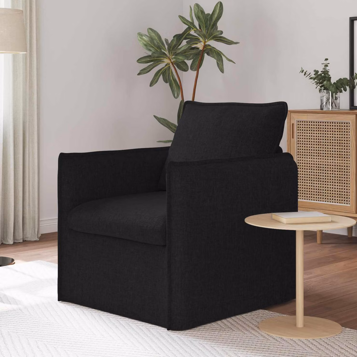 Divano moderno vidaXL in tessuto nero con struttura in metallo e coperture rimovibili L/P/H: 75 x 82 x 85 cm