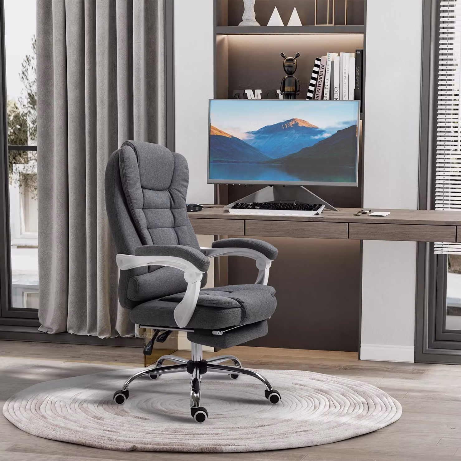 okwish sedia da ufficio regolabile in altezza sedia da ufficio girevole con schienale regolabile e poggiapiedi pieghevole, sedia da scrivania sedia da gioco con braccioli e cinque ruote, grigio