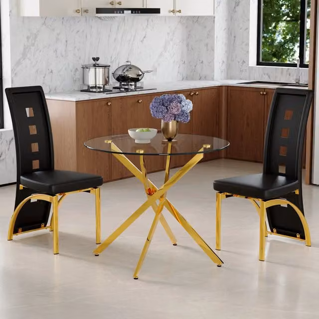 Tavolo da pranzo in vetro temperato con 2 sedie in PU, struttura in metallo, per sala da pranzo, nero e oro, 88 cm