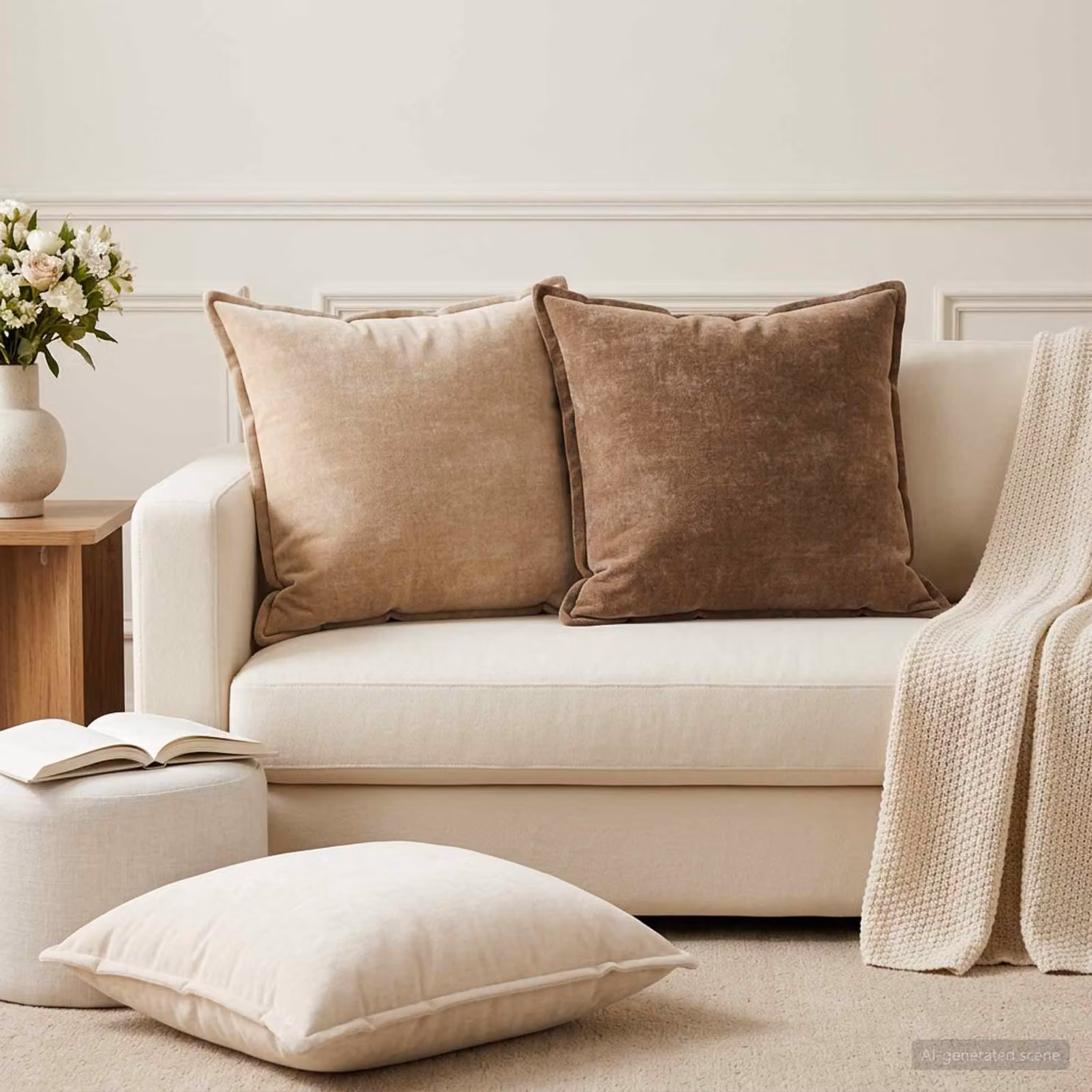 Set di 6 federe vidaXL HOUTEN in tessuto chenille beige, L 60 x L 60 cm