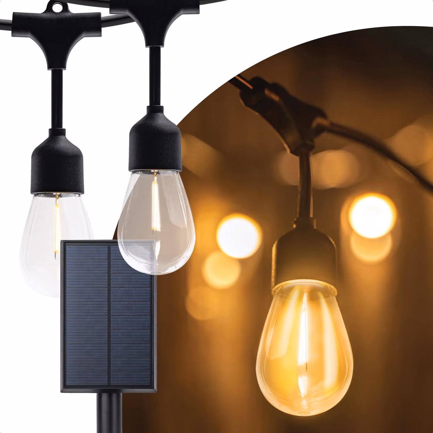 Catena luminosa solare, 14,5 metri, 15 lampadine a filamento, luce bianco caldo, grado di protezione IP55, stile vintage