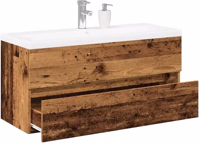 Mobile da bagno sospeso vidaXL in legno e ceramica con lavabo integrato, stile rustico, bianco e marrone, L: 100 cm, P: 45 cm, H: 38,5 cm – 1