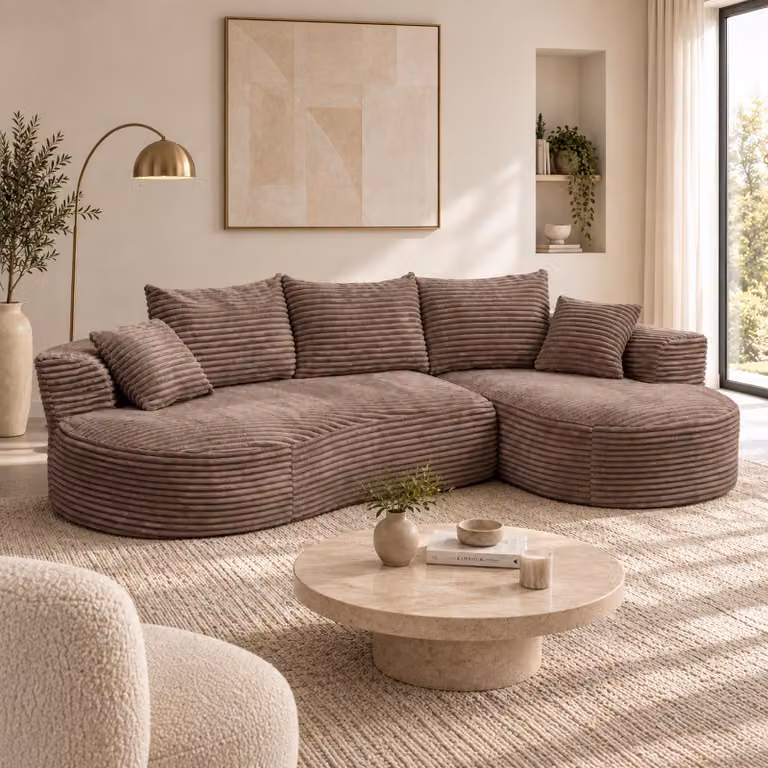 Divano componibile HWC-P19, divano a 3 posti, divano lounge, rivestito in tessuto Cord (370 g/m²), con chaise longue a destra, colore marrone