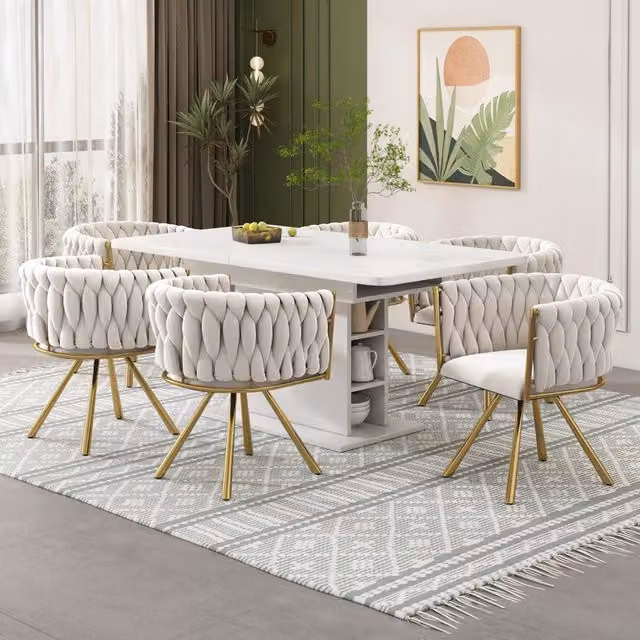 Sedia da pranzo set da 6 girevole imbottita con schienale ergonomico e gambe in metallo velluto beige e oro
