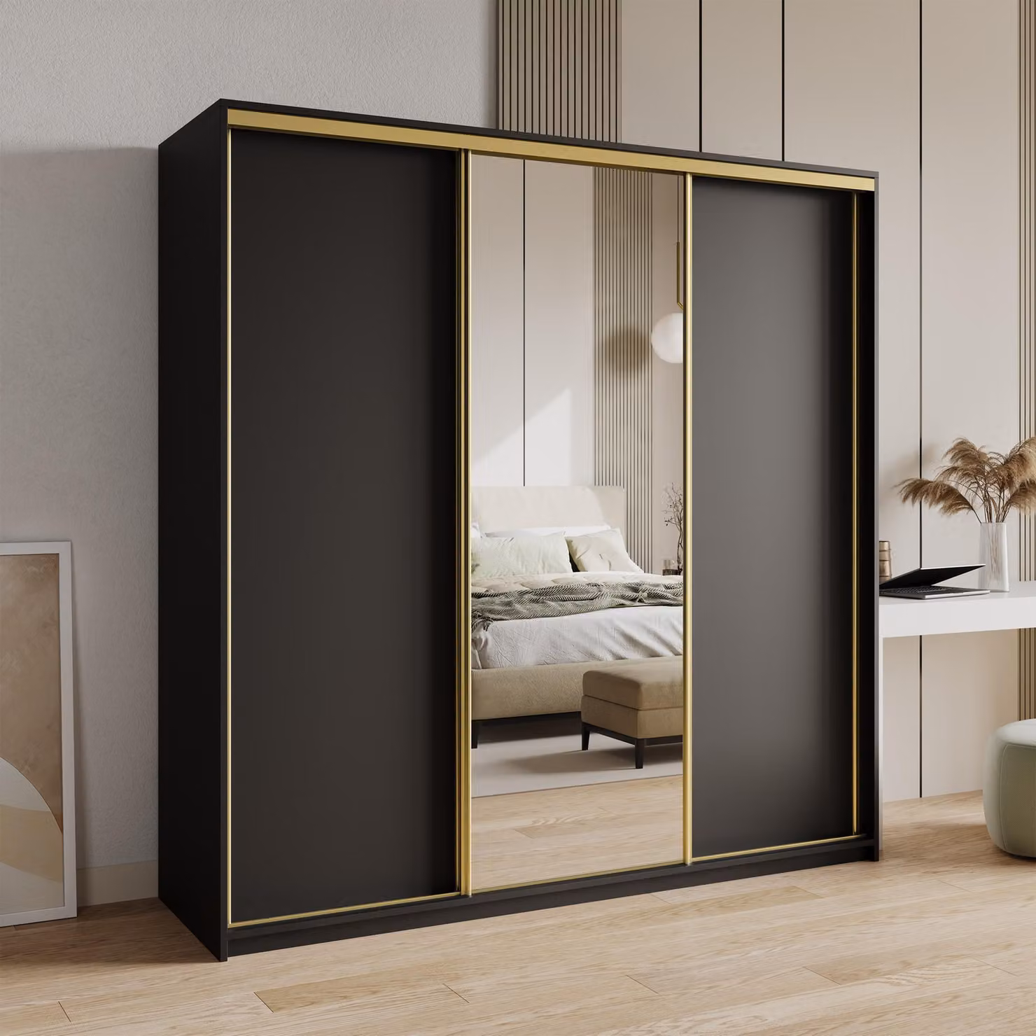 Armadio scorrevole Masseno TAVI 180/205/60 cm Armadio con 4 cassetti Armadio per camera da letto a 3 ante con specchio Nero