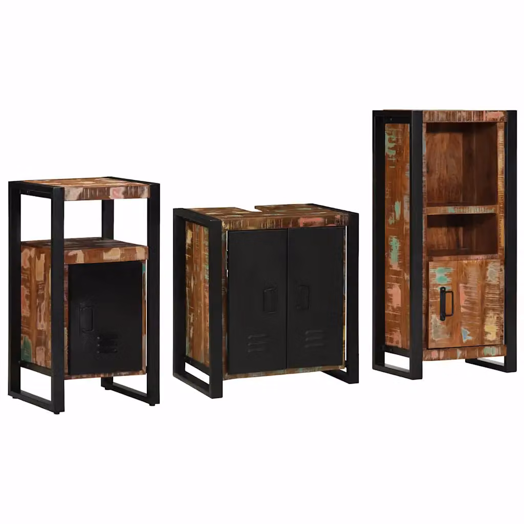 Set di mobili per il bagno vidaXL in legno e metallo multicolore e nero, composto da mobile lavabo, mobile laterale e pensile a parete, stile minimalista – 1