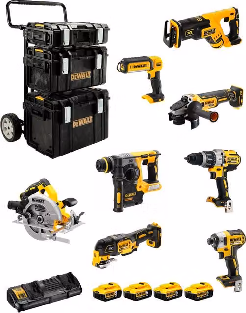 Kit utensili elettrici DeWalt DCK853P4 con 8 macchine, 4 batterie da 5,0Ah e accessori, colore giallo