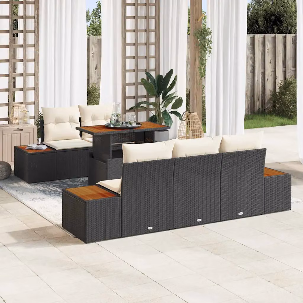 Set da pranzo da giardino moderno vidaXL in rattan e legno di acacia con cuscini, 6 pezzi, Nero e Beige – 1