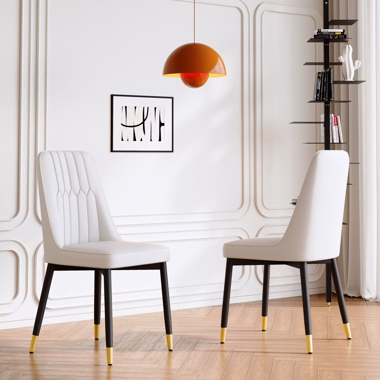 Set di 2 sedie da pranzo, con schienale imbottito in ecopelle, gambe in metallo, design versatile (bianco e nero)