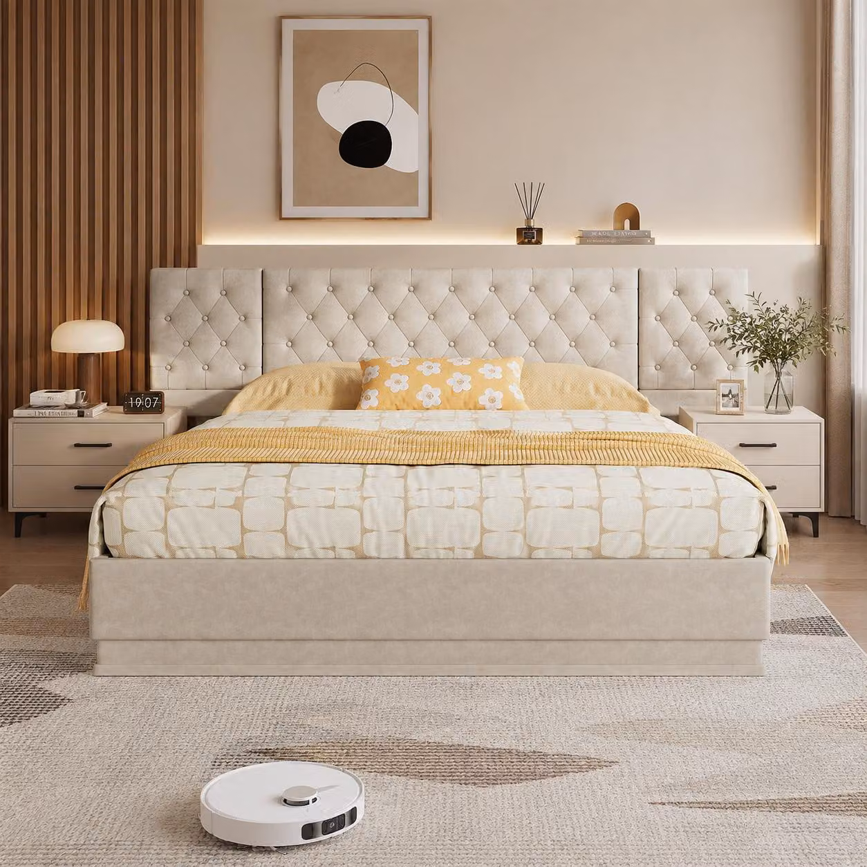 Letto imbottito INONEFT 160x200 con LED e USB, letto matrimoniale con sistema di sollevamento idraulico, ampia testiera e rete a doghe, adatto anche come letto per adolescenti con 2 comodini integrati, colore beige
