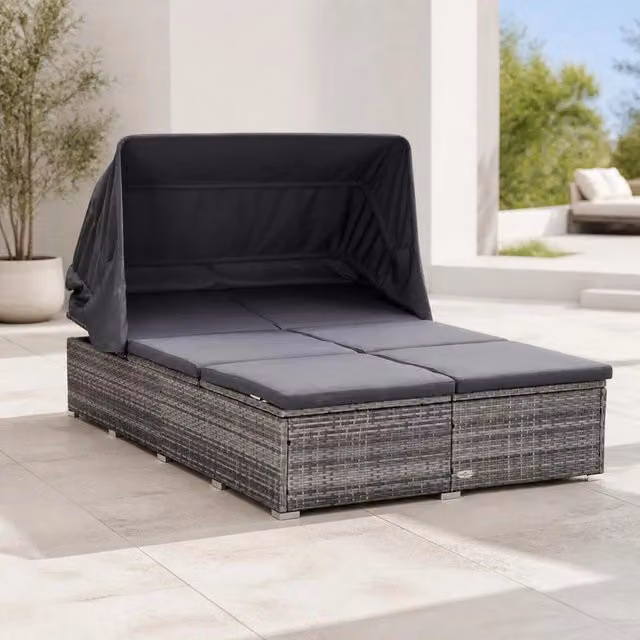 2-person Sun Lounger With Cushion, Poly Rattan Grey