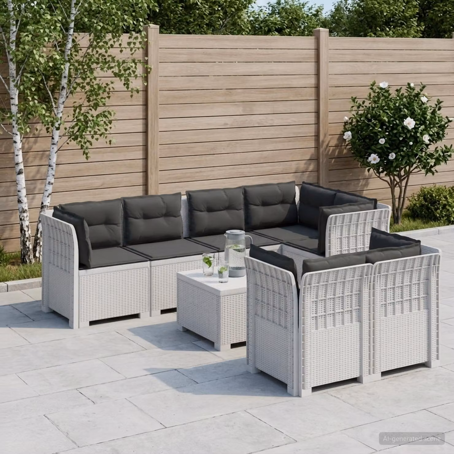 Set da giardino vidaXL a forma di U con 7 posti, in polyrattan bianco e antracite con cuscini rimovibili
