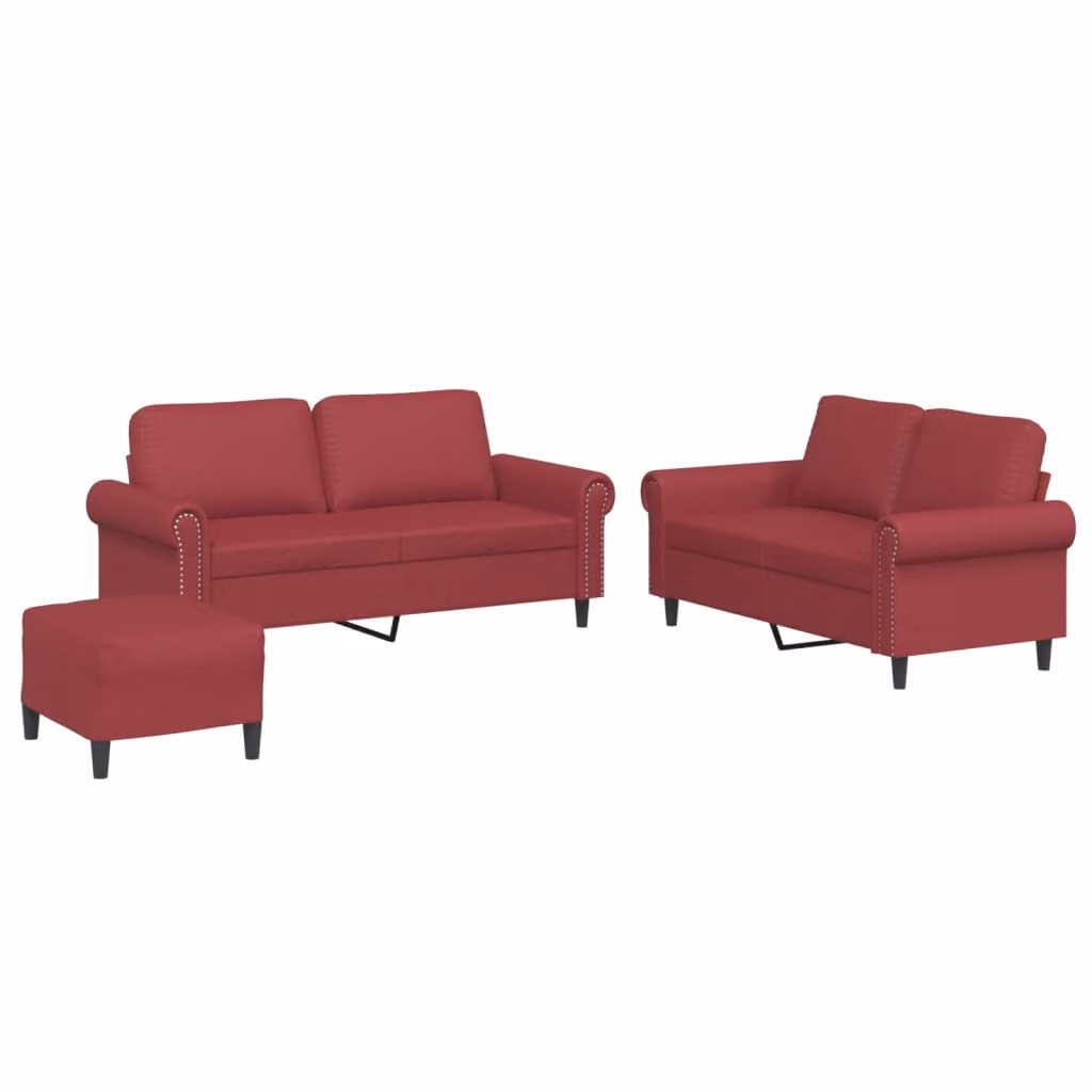 Set di Divani 3 pz con Cuscini Rosso Vino in Pelle finta
