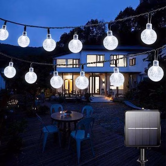Ghirlanda luminosa a energia solare con 50 LED, lunghezza 7 m, impermeabile, 8 modalità, per interni ed esterni, colore bianco