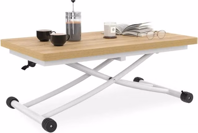 IDMarket Tavolino 2 in 1 URBANA trasformabile in tavolo da pranzo rettangolare con meccanismo sollevabile e ruote, Bianco e Marrone