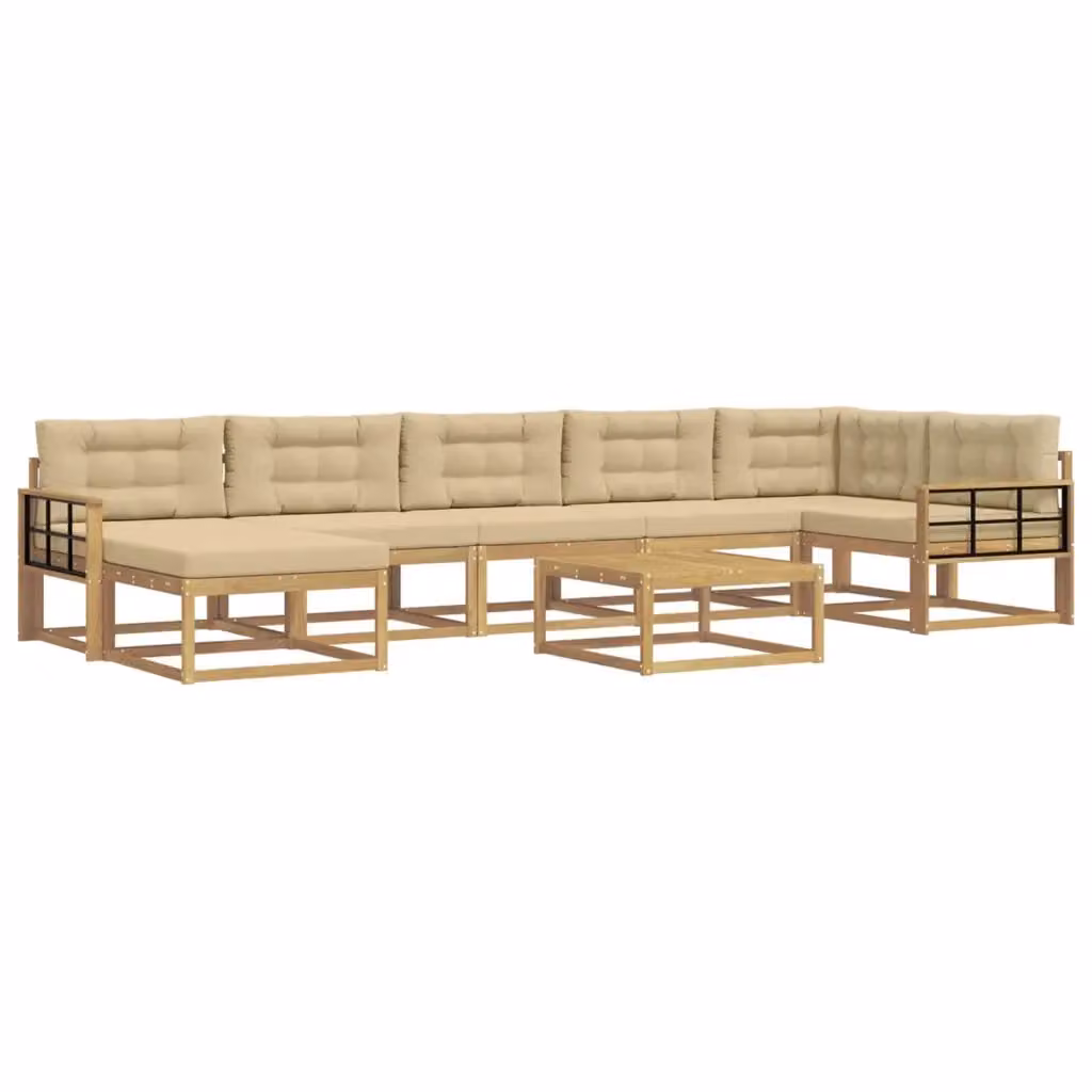 Set di divani da esterno a L vidaXL in legno di acacia con pouf e tavolino, Bianco e Beige – 2