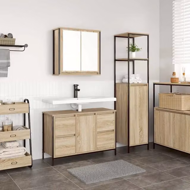 Set di mobili per il bagno moderno vidaXL composto da mobile lavabo e colonna alta in legno e metallo, colore marrone e nero, H 165 x L 90 x P 44,25 cm