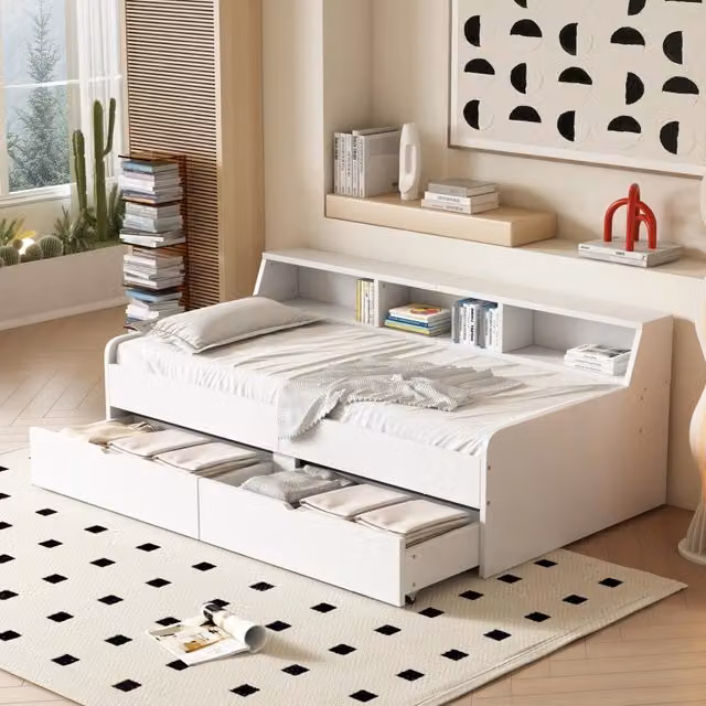 Letto da giorno 90 x 200 cm singolo, con due cassetti e vano contenitore - Bianco