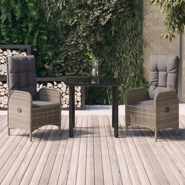 Set Salotto Giardino 3 pz con Cuscini Nero e Grigio Polyrattan 3185197