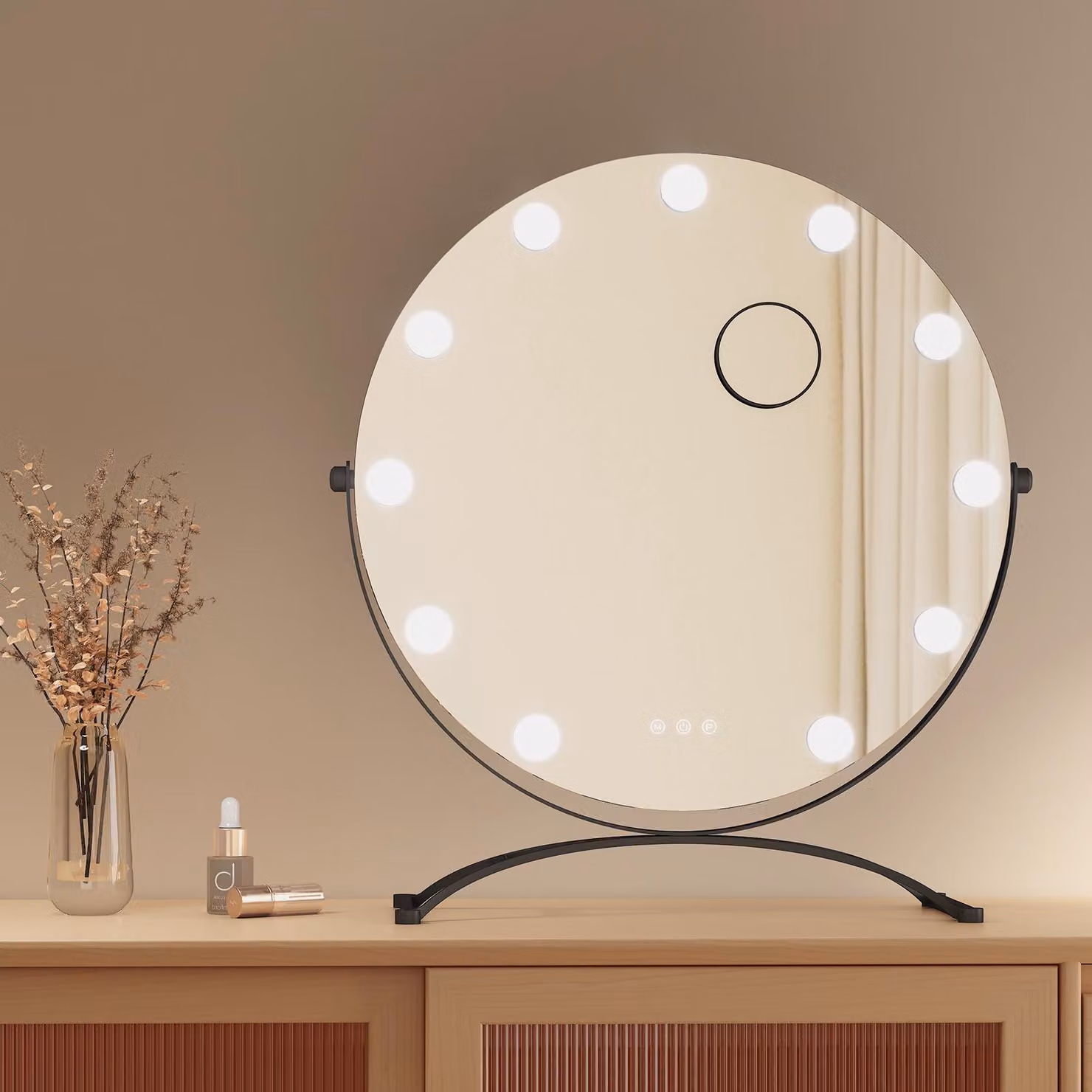 Specchio cosmetico EMKE Hollywood 58X50cm Specchio da trucco rotondo con illuminazione a LED e ingrandimento 7x, 3 colori di luce dimmerabili, nero