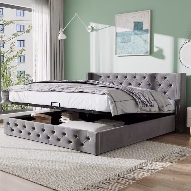Letto matrimoniale imbottito 140x200 cm in velluto grigio con contenitore e apertura idraulica