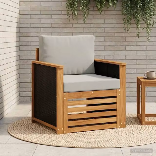 Divano centrale componibile per esterno Naturale 978622 in legno di acacia con cuscini beige e grigio