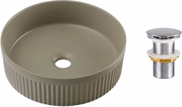 Lavabo da appoggio rotondo Meublorama in ceramica verde oliva opaco con rilievo decorativo e piletta click-clack, Diametro: 36 cm