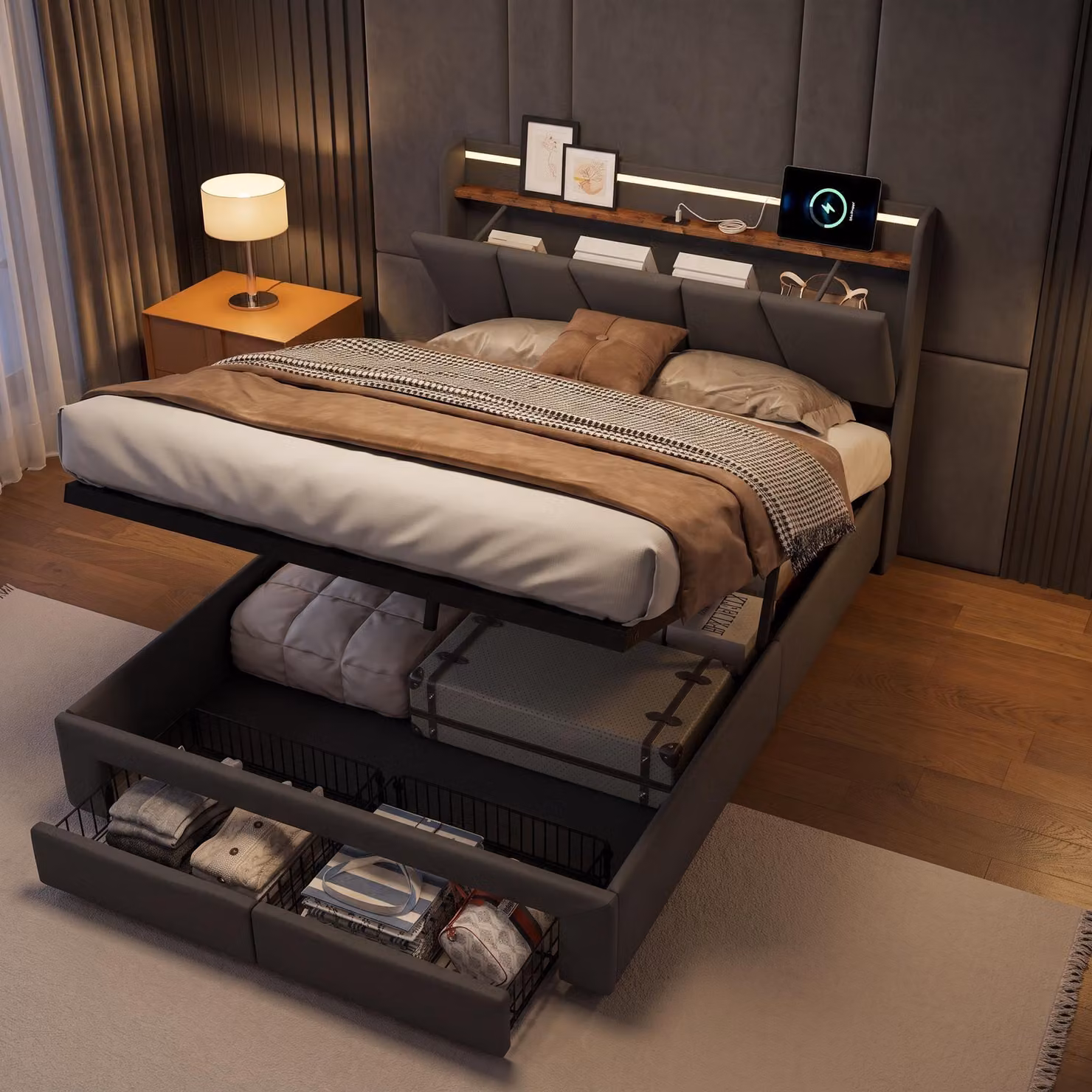 Letto imbottito INONEFT, modello boxspring, 140x190 cm, con LED/USB, letto matrimoniale con contenitore, 2 cassetti, struttura del letto con rete a doghe, letto contenitore, tessuto in lino, colore grigio