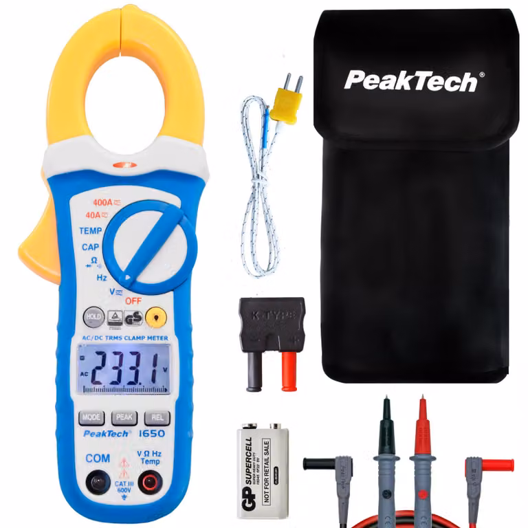PeakTech P 1650 - Pinza amperometrica TrueRMS 400 A AC/DC con multimetro, tester di tensione NCV e misura della temperatura