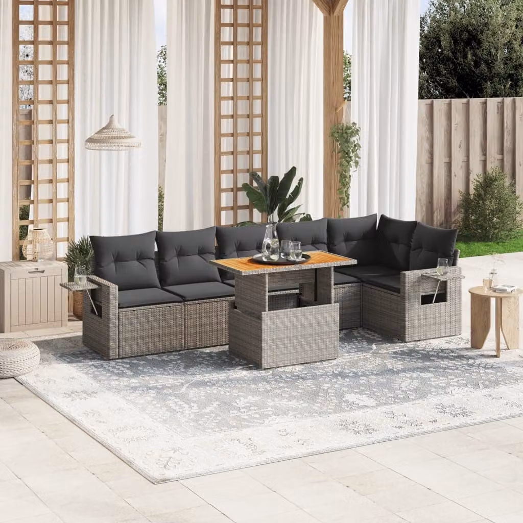 Set di divani da giardino vidaXL 7 pezzi in polyrattan grigio con cuscini e tavolino da esterno a forma di L – 1