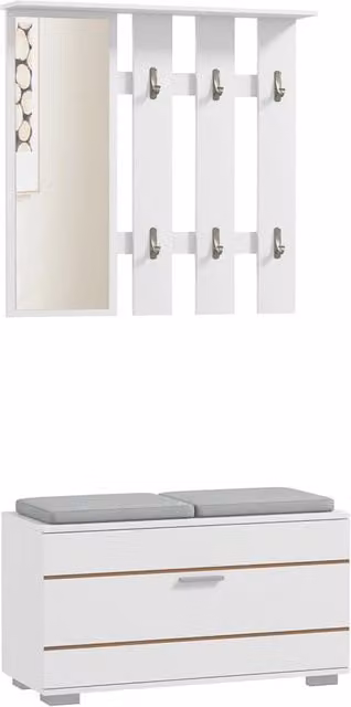 Mobile da ingresso GIORDANOSHOP con specchio, appendiabiti, panca e scarpiera in bianco e grigio