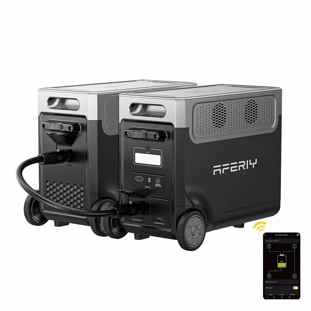 Set AFERIY P310 Powerstation 7680 Wh LiFePO4 – 3600 W CA, UPS, controllo tramite app, generatore solare con batteria aggiuntiva inclusa