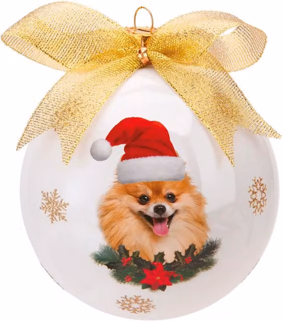 Pallina di Natale KASANOVA in vetro con decorazione Volpino bianco e oro, Diametro: 10 cm