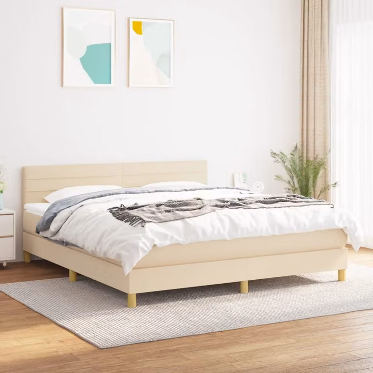 The Living Store Letto a molle con materasso crema 160x200 cm in tessuto