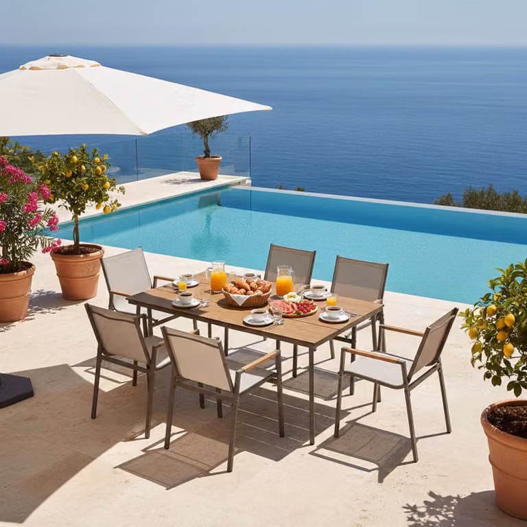 Set tavolo da giardino ovale 150x90 cm e 6 sedie tortora - Oviala Valencia