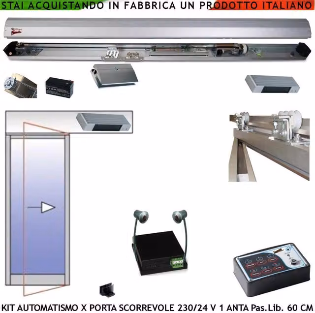 Kit di automatismo Securvera per porta scorrevole da 600 mm con encoder e sensore anti-schiacciamento, colore argento anodizzato