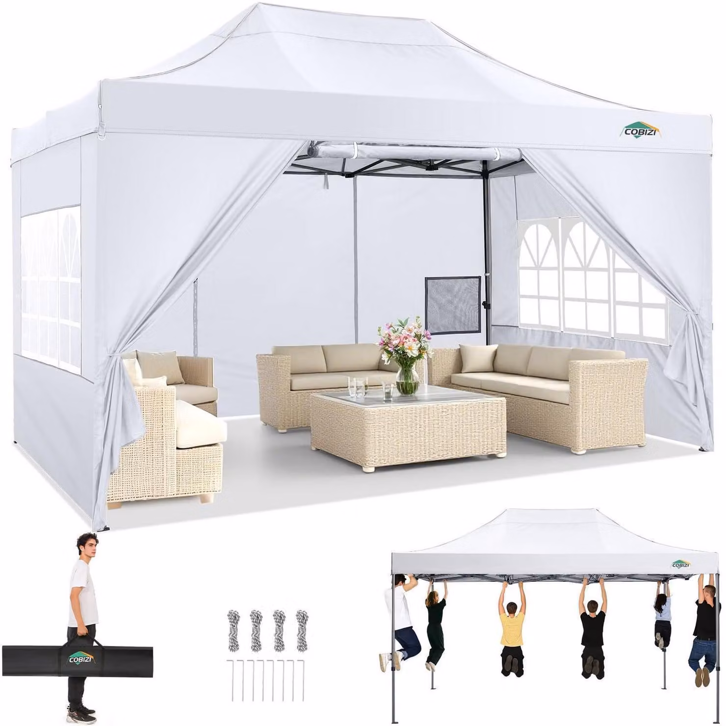 Gazebo da esterno 3x4,5 metri, impermeabile, con protezione UV 50+ e dotato di 4 pannelli laterali, colore bianco