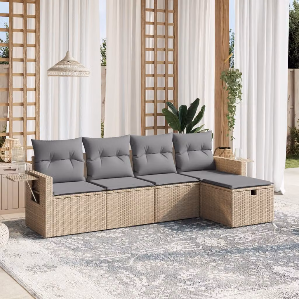 Set Divano da Giardino a L vidaXL 5 pz con Cuscini Beige e Grigio in Polyrattan e Acciaio – 1
