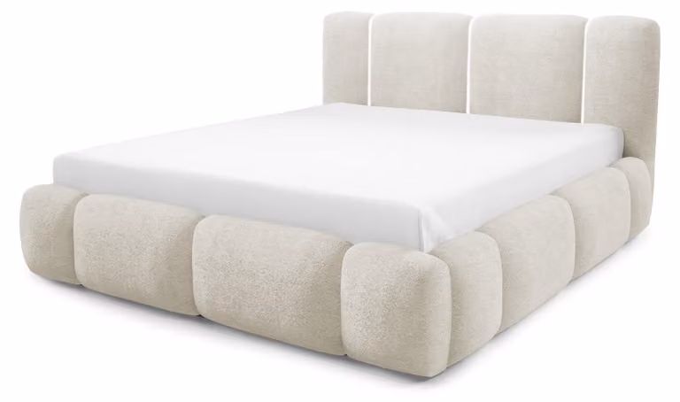 Letto imbottito con contenitore integrato, modello Neria, colore avorio, dimensioni 180 x 200 cm