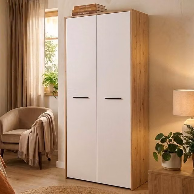 Armadio da camera da letto Santadi DMORA con 2 ante e appendiabiti, Bianco e Marrone, L: 81.0 cm, H: 203.5 cm – 1