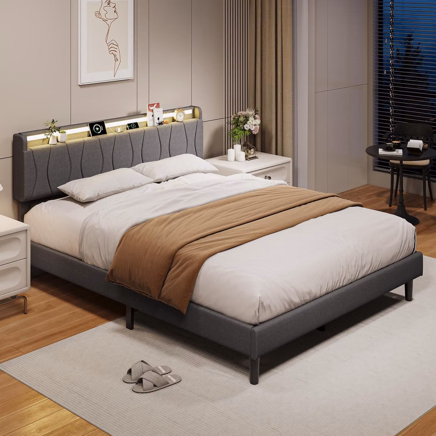 Letto imbottito UnboxG, dimensioni 160x200 cm, con testiera contenitore, illuminazione LED, porte USB e Type-C, altezza da terra di 18 cm e rete a listelli, rivestito in lino, colore grigio