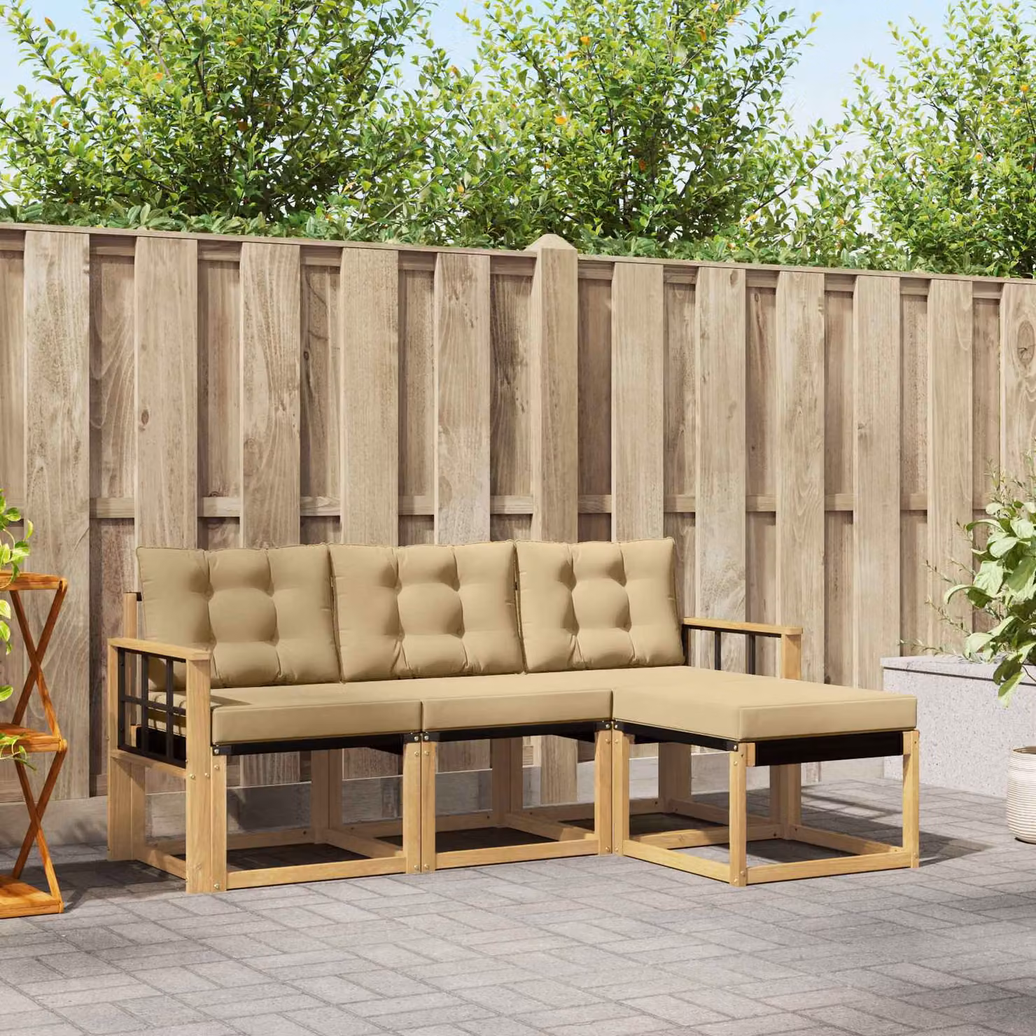 vidaXL Set di divani da esterno a L con pouf 4 pz in legno di acacia, Bianco e Beige
