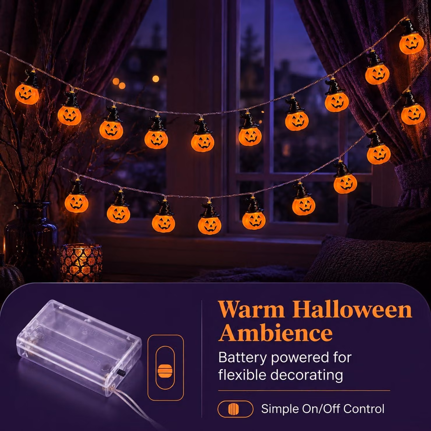 Catena luminosa a tema Halloween, lunghezza 3 metri, 20 LED a forma di zucca, luce bianco caldo, grado di protezione IP65