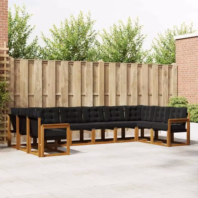 Set di divani da esterno a forma di U vidaXL in legno di acacia e textilene, colore beige e nero, composto da 10 pezzi con cuscini inclusi